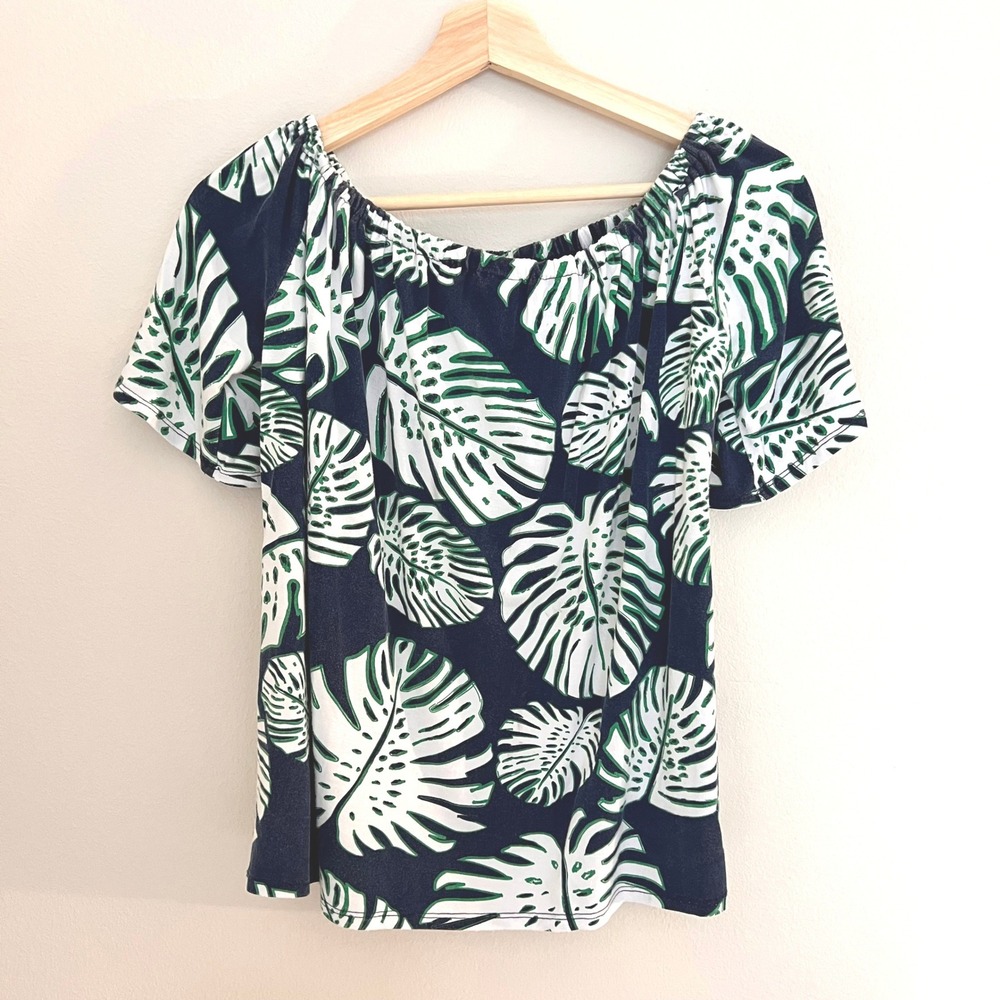 Haley and the Hound Womens Small Tropical Monstera Leaf Off Shoulder Top Navy - Picture 2 of 4
